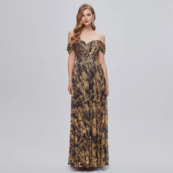 Chic / Belle Doré Glitter Fendue devant Robe De Bal Robe De Soirée 2023 Princesse De l'épaule Sans Manches Dos Nu Longue Robe De Ceremonie