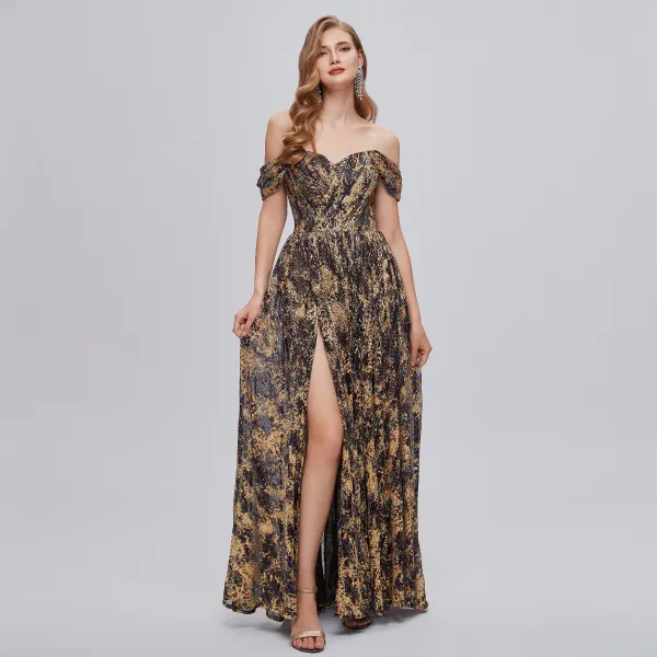 Chic / Belle Doré Glitter Fendue devant Robe De Bal Robe De Soirée 2023 Princesse De l'épaule Sans Manches Dos Nu Longue Robe De Ceremonie