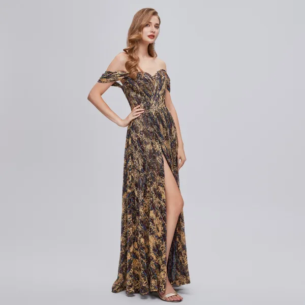Chic / Belle Doré Glitter Fendue devant Robe De Bal Robe De Soirée 2023 Princesse De l'épaule Sans Manches Dos Nu Longue Robe De Ceremonie