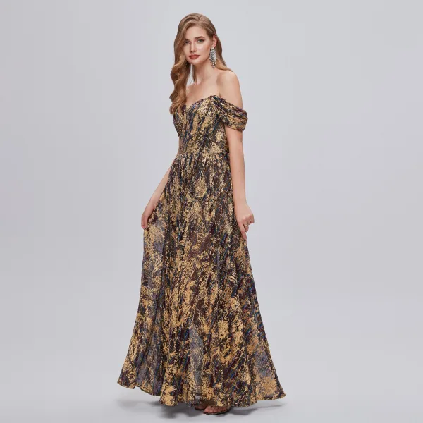 Chic / Belle Doré Glitter Fendue devant Robe De Bal Robe De Soirée 2023 Princesse De l'épaule Sans Manches Dos Nu Longue Robe De Ceremonie