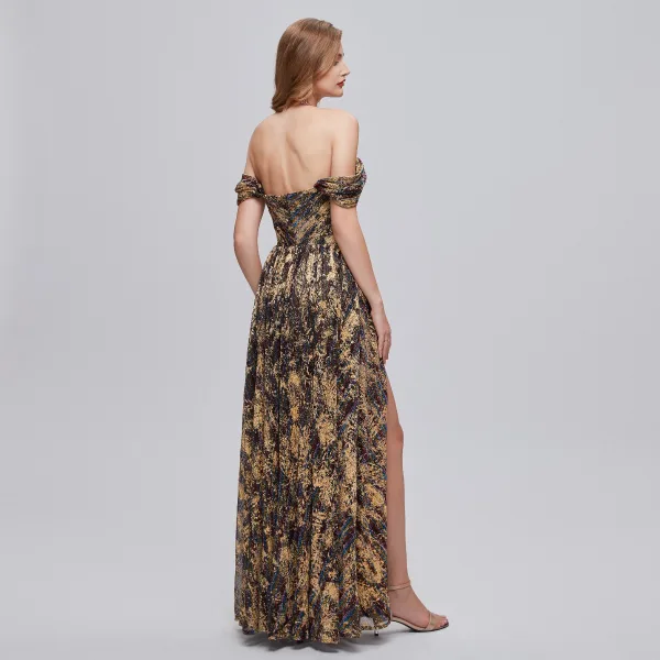 Chic / Belle Doré Glitter Fendue devant Robe De Bal Robe De Soirée 2023 Princesse De l'épaule Sans Manches Dos Nu Longue Robe De Ceremonie