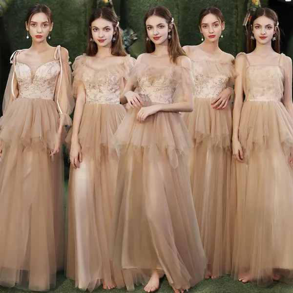 Niedrogie Szampan Sukienki Dla Druhen 2020 Princessa Aplikacje Cekiny Bez Pleców Długie Wzburzyć