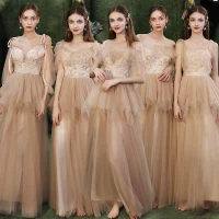 Affordable Champagne Bridesmaid Dresses 2020 A-Line / Princess Appliques Sequins Backless Floor-Length / Long Ruffle