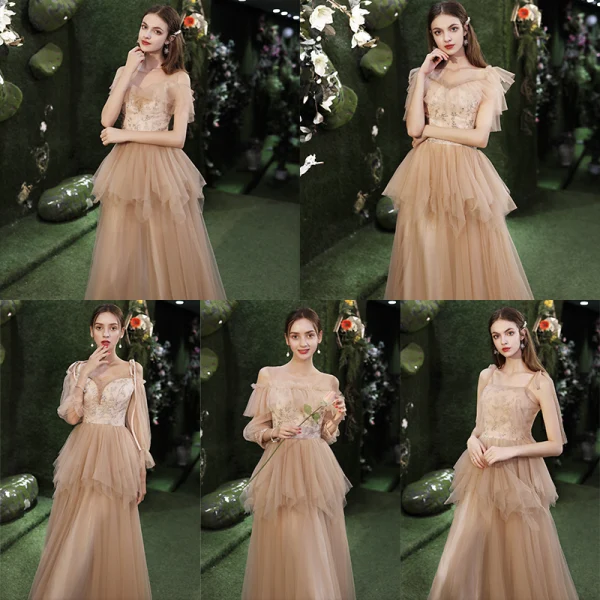Affordable Champagne Bridesmaid Dresses 2020 A-Line / Princess Appliques Sequins Backless Floor-Length / Long Ruffle