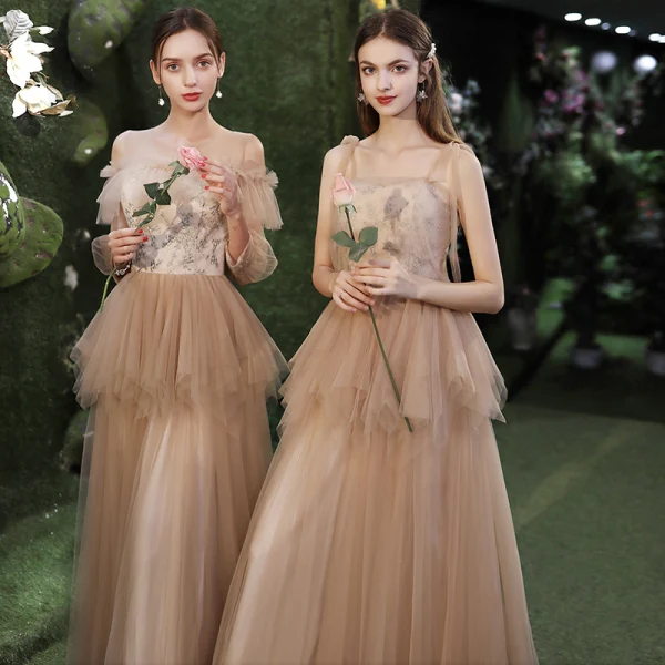 Affordable Champagne Bridesmaid Dresses 2020 A-Line / Princess Appliques Sequins Backless Floor-Length / Long Ruffle