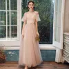 Affordable Pearl Pink Bridesmaid Dresses 2020 A-Line / Princess See-through Appliques Flower Backless Floor-Length / Long Ruffle