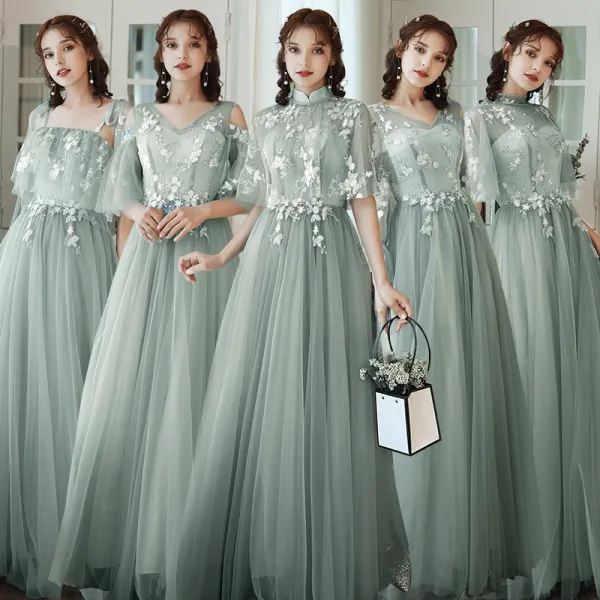 Affordable Sage Green Bridesmaid Dresses 2020 A-Line / Princess Appliques Lace Backless Floor-Length / Long