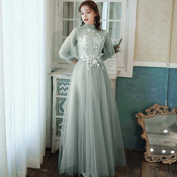 long tight backless dress Sage Green Lace Pearls Chiffon Bridesmaid Dress main image 1
