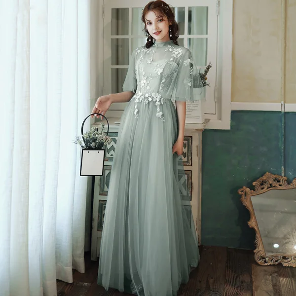 Affordable Sage Green Bridesmaid Dresses 2020 A-Line / Princess Appliques Lace Backless Floor-Length / Long