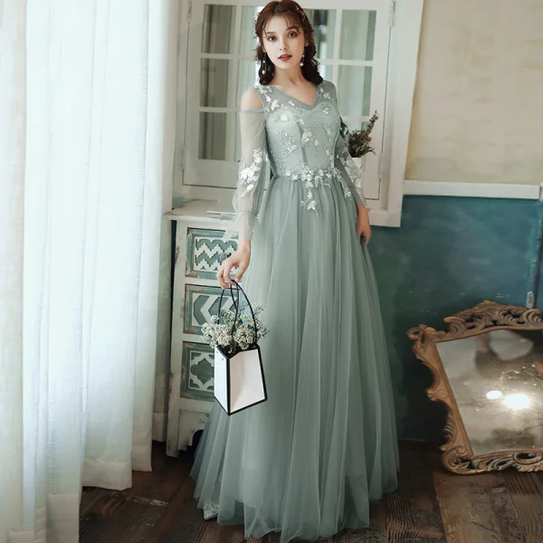 Affordable Sage Green Bridesmaid Dresses 2020 A-Line / Princess Appliques Lace Backless Floor-Length / Long