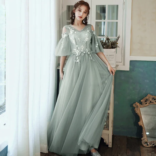 Affordable Sage Green Bridesmaid Dresses 2020 A-Line Princess Appliques Lace Backless