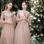 Affordable Pearl Pink Bridesmaid Dresses 2020 A-Line / Princess Backless Appliques Lace Sash Tea-length Ruffle