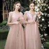 Affordable Pearl Pink Bridesmaid Dresses 2020 A-Line / Princess Backless Appliques Lace Sash Tea-length Ruffle