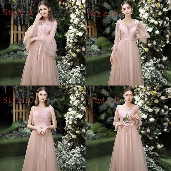 Affordable Pearl Pink Bridesmaid Dresses 2020 A-Line / Princess Backless Appliques Lace Sash Tea-length Ruffle