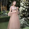 Affordable Pearl Pink Bridesmaid Dresses 2020 A-Line / Princess Backless Appliques Lace Sash Tea-length Ruffle