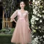 Affordable Pearl Pink Bridesmaid Dresses 2020 A-Line / Princess Backless Appliques Lace Sash Tea-length Ruffle