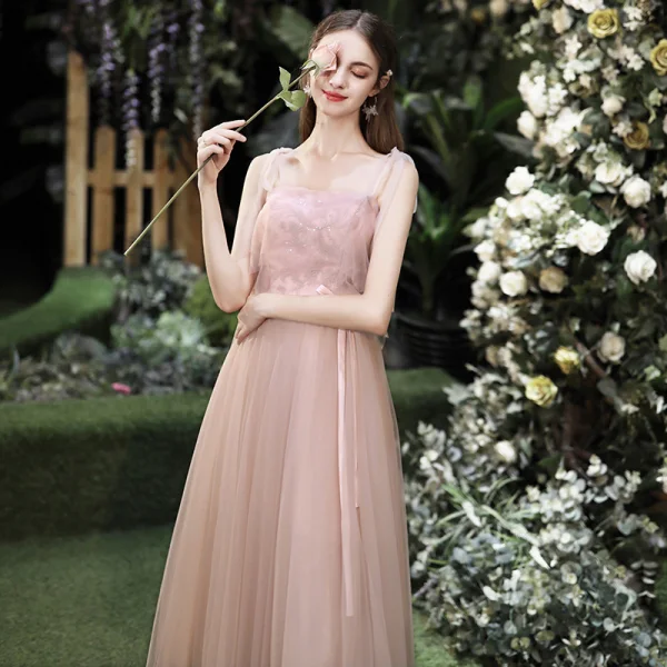 Affordable Pearl Pink Bridesmaid Dresses 2020 A-Line / Princess Backless Appliques Lace Sash Tea-length Ruffle