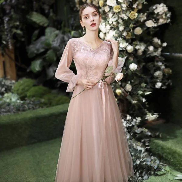 Affordable Pearl Pink Bridesmaid Dresses 2020 A-Line / Princess Backless Appliques Lace Sash Tea-length Ruffle