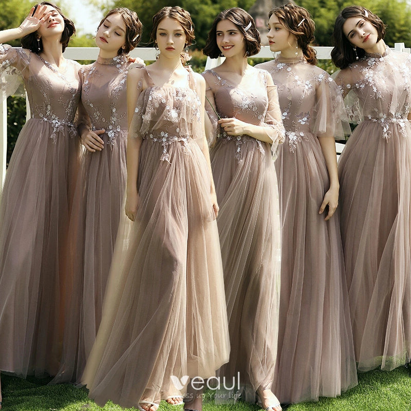 Affordable Brown Bridesmaid Dresses 2020 A-Line / Princess Appliques Lace  Backless Floor-Length / Long Ruffle