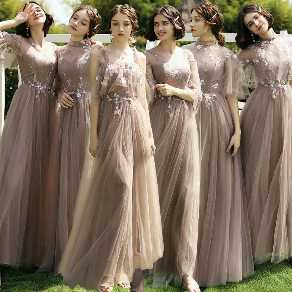 Affordable Brown Bridesmaid Dresses 2020 A-Line Princess Appliques Lace Backless Long