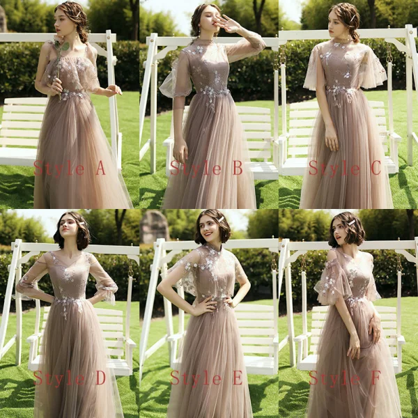 Abordable Marron Robe Demoiselle D'honneur 2020 Princesse Appliques En Dentelle Dos Nu Longue Volants