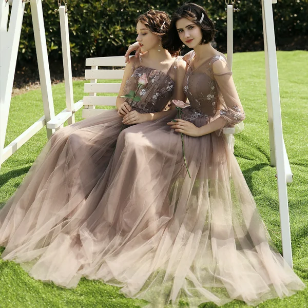 Affordable Brown Bridesmaid Dresses 2020 A-Line Princess Appliques Lace Backless Long Affordable Brown Bridesmaid Dresses 2020 A-Line Princess Appliques Lace Backless Long