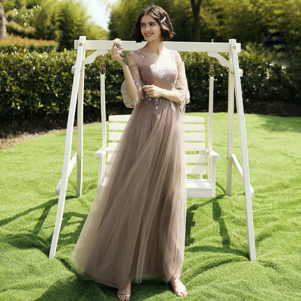 Affordable Brown Bridesmaid Dresses 2020 A-Line Princess Appliques Lace Backless Long