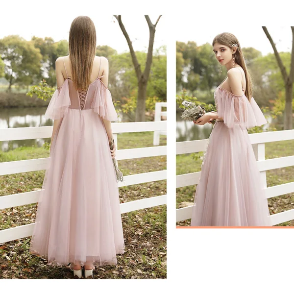 Affordable Blushing Pink Bridesmaid Dresses 2020 A-Line / Princess Appliques Lace Backless Floor-Length / Long Ruffle