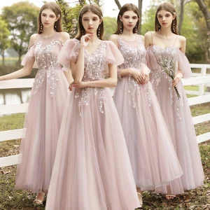 Affordable Blushing Pink Bridesmaid Dresses 2020 A Line Princess Appliques Lace Backless Floor Length Long Ruffle