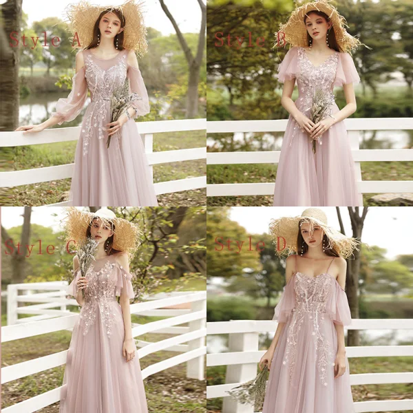 Affordable Blushing Pink Bridesmaid Dresses 2020 A-Line / Princess Appliques Lace Backless Floor-Length / Long Ruffle