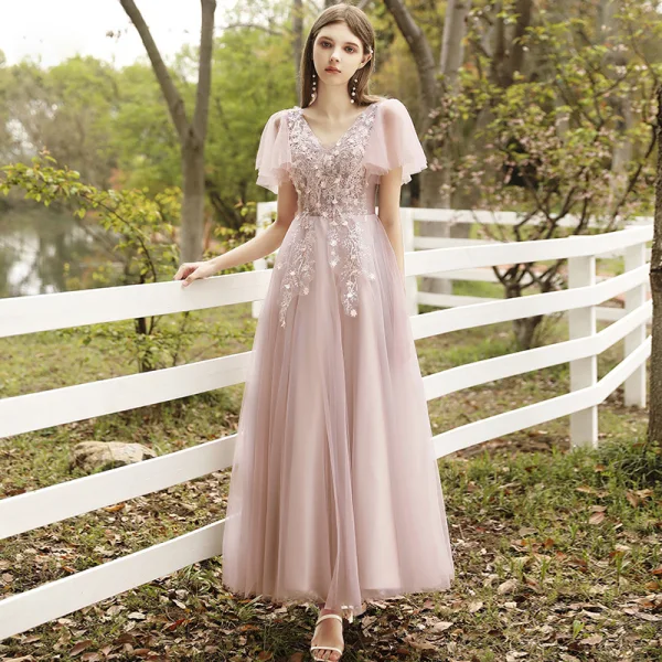 Affordable Blushing Pink Bridesmaid Dresses 2020 A-Line / Princess Appliques Lace Backless Floor-Length / Long Ruffle