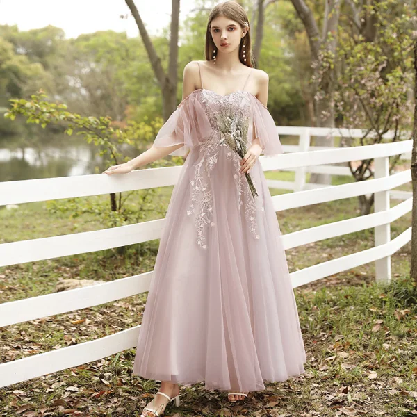 Affordable Blushing Pink Bridesmaid Dresses 2020 A-Line / Princess Appliques Lace Backless Floor-Length / Long Ruffle