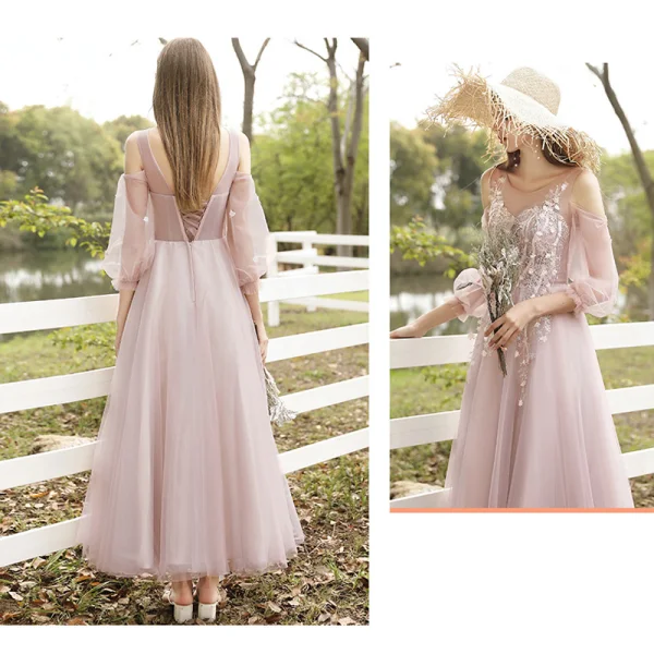 Affordable Blushing Pink Bridesmaid Dresses 2020 A-Line / Princess Appliques Lace Backless Floor-Length / Long Ruffle