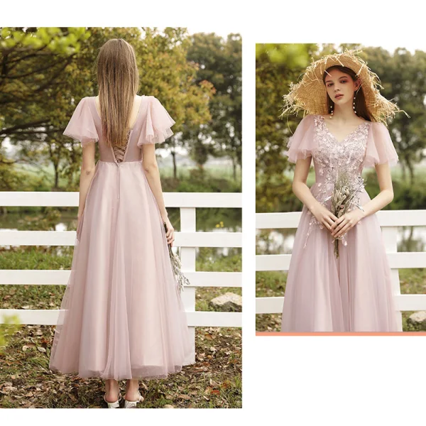 Affordable Blushing Pink Bridesmaid Dresses 2020 A-Line / Princess Appliques Lace Backless Floor-Length / Long Ruffle