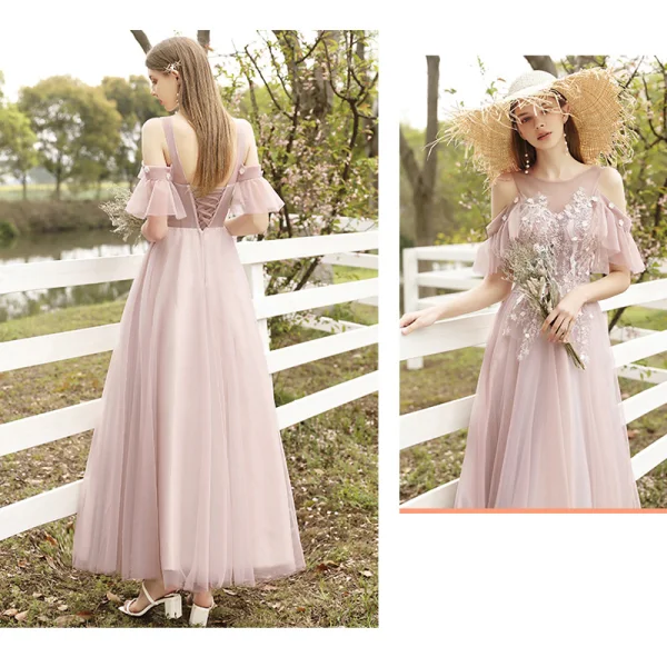 Affordable Blushing Pink Bridesmaid Dresses 2020 A-Line / Princess Appliques Lace Backless Floor-Length / Long Ruffle