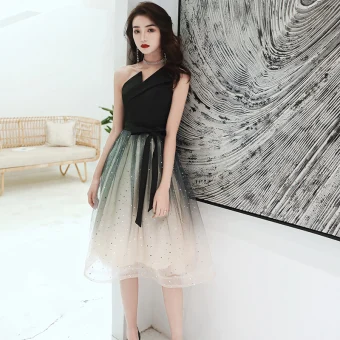 Chic Beautiful Black Gradient Color White Homecoming Graduation Dresses 2020 A Line Princess One Shoulder Sleeveless Sash Star Sequins Tea Length Ruffle Backless
