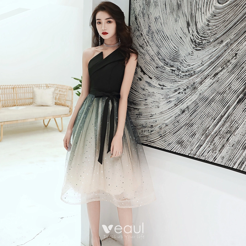Chic Beautiful Black Gradient Color White Homecoming Graduation Dresses 2020 A Line Princess One Shoulder Sleeveless Sash Star Sequins Tea length Ruffle Backless
