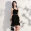Elegant Black Cocktail Dresses 2020 Ball Gown Spaghetti Straps Sleeveless Star Embroidered Sequins Metal Sash Short Ruffle Backless Little Black Dress