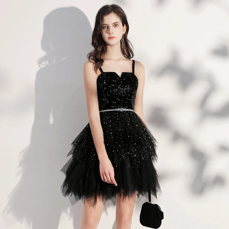 white christmas dresses Black V Neck Dress With Corset Back And Rhinestone Beading main image 1