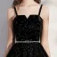 Elegant Black Cocktail Dresses 2020 Ball Gown Spaghetti Straps Sleeveless Star Embroidered Sequins Metal Sash Short Ruffle Backless Little Black Dress