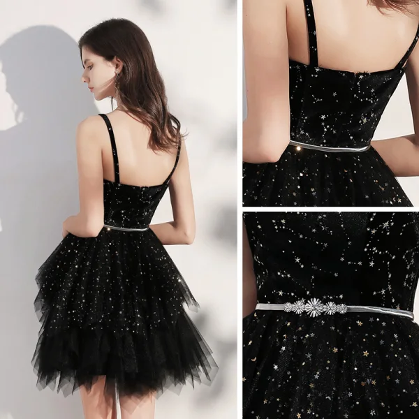 Elegant Black Cocktail Dresses 2020 Ball Gown Spaghetti Straps Sleeveless Star Sequins