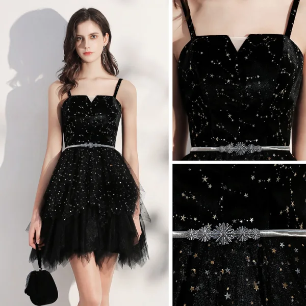 Elegant Black Cocktail Dresses 2020 Ball Gown Spaghetti Straps Sleeveless Star Embroidered Sequins Metal Sash Short Ruffle Backless Little Black Dress