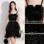Elegant Black Cocktail Dresses 2020 Ball Gown Spaghetti Straps Sleeveless Star Embroidered Sequins Metal Sash Short Ruffle Backless Little Black Dress