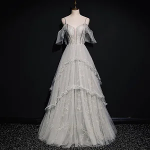 High End Grey Prom Dresses 2020 A Line Princess Spaghetti Straps Short Sleeve Beading Floor Length Long Ruffle Backless Formal Dresses