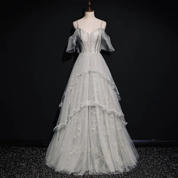 High-end Grey Prom Dresses 2020 A-Line / Princess Spaghetti Straps Short Sleeve Beading Floor-Length / Long Ruffle Backless Formal Dresses