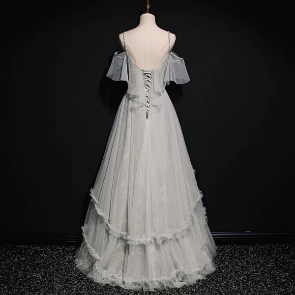 High-end Grey Prom Dresses 2020 A-Line / Princess Spaghetti Straps Short Sleeve Beading Floor-Length / Long Ruffle Backless Formal Dresses