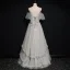 High-end Grey Prom Dresses 2020 A-Line / Princess Spaghetti Straps Short Sleeve Beading Floor-Length / Long Ruffle Backless Formal Dresses