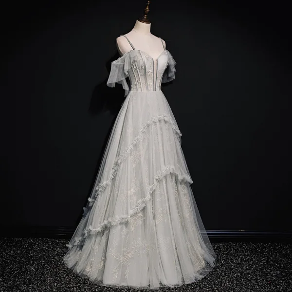 High-end Grey Prom Dresses 2020 A-Line / Princess Spaghetti Straps Short Sleeve Beading Floor-Length / Long Ruffle Backless Formal Dresses