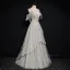 High-end Grey Prom Dresses 2020 A-Line / Princess Spaghetti Straps Short Sleeve Beading Floor-Length / Long Ruffle Backless Formal Dresses