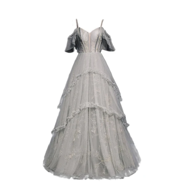 High-end Grey Prom Dresses 2020 A-Line / Princess Spaghetti Straps Short Sleeve Beading Floor-Length / Long Ruffle Backless Formal Dresses